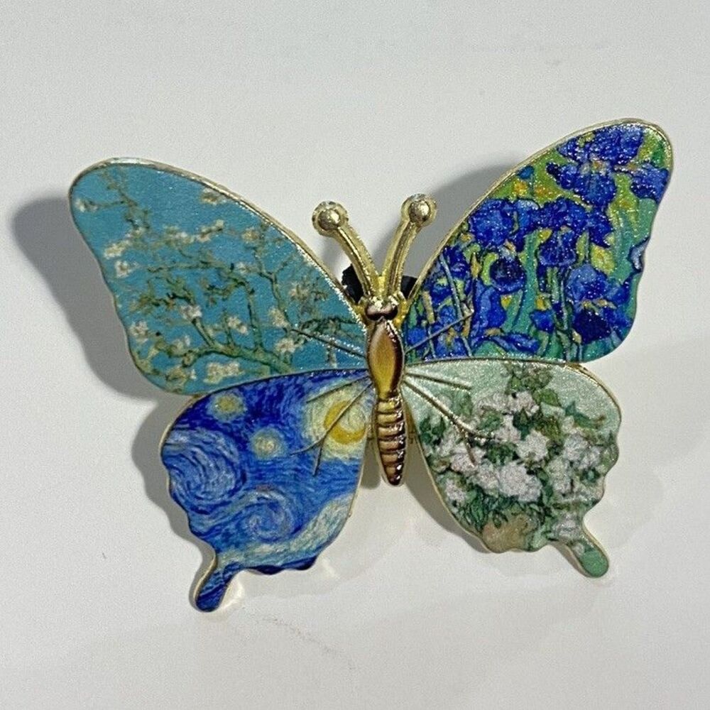 Van Gogh Art Style Butterfly Brooch Pin Gold Tone, Blue, Green Enamel Art Piece